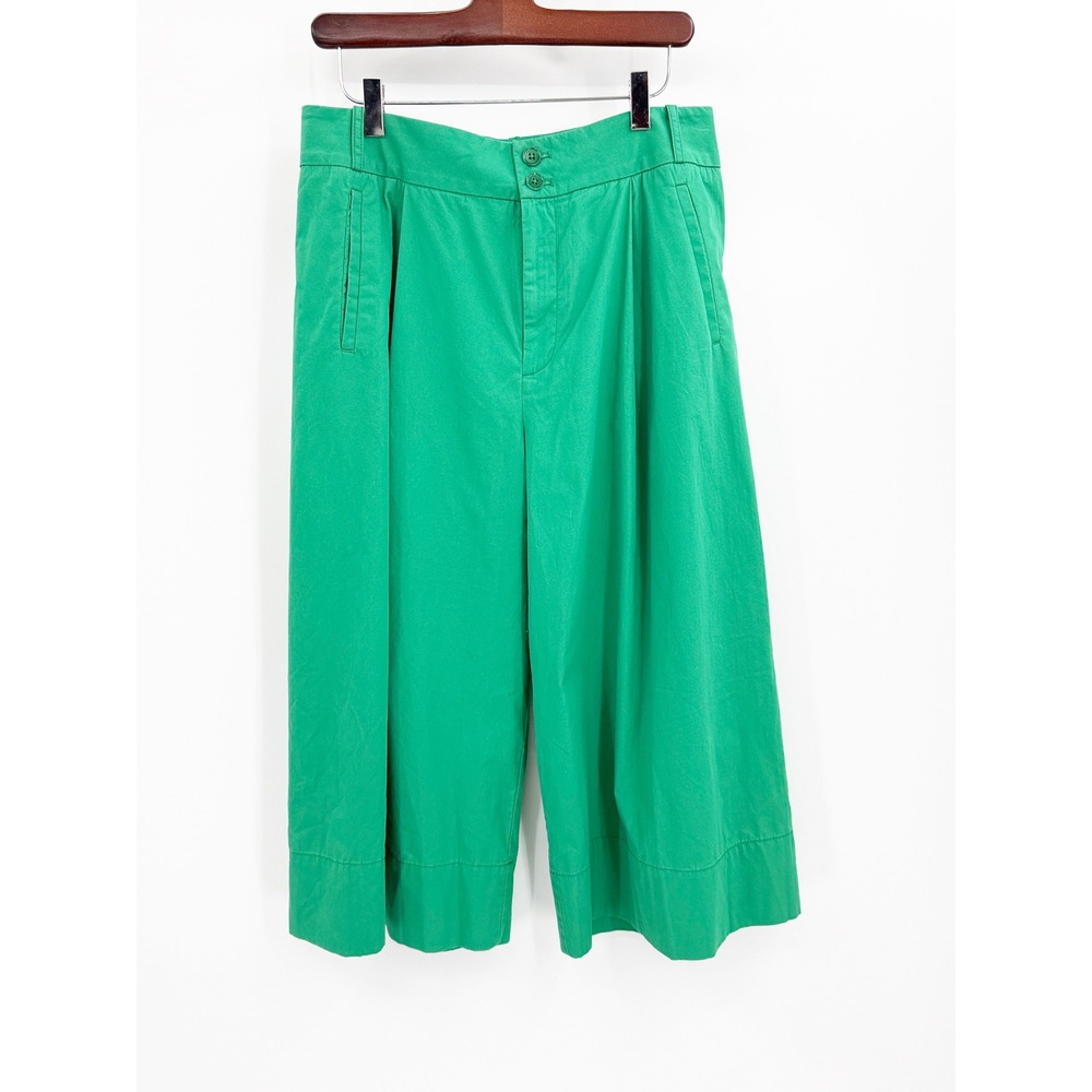 By Anthropologie Green Wide Leg Culotte Pants High Rise Cotton Cropped Size 10 - Picture 5 of 15
